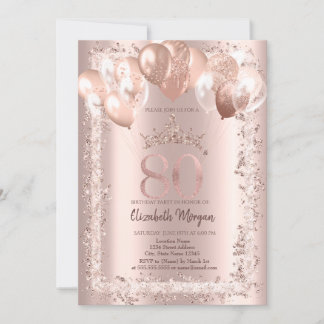 Glitzer Rahmen, Kronen, Balloons 80. Geburtstag Einladung