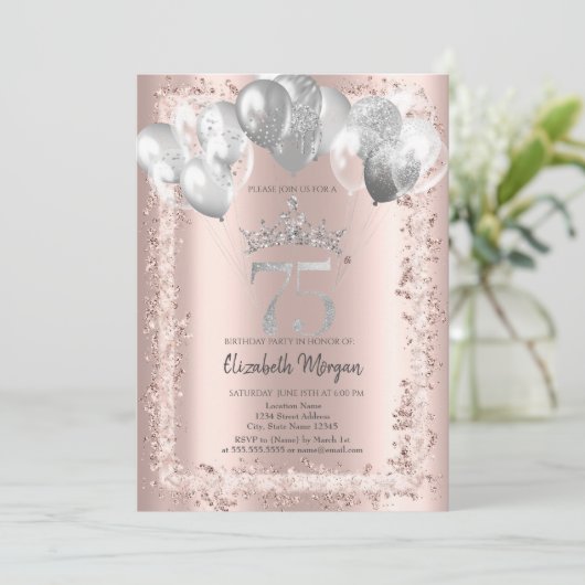 Glitzer Rahmen, Silberkrone, Balloons 75. Einladung (Stehend Vorderseite)