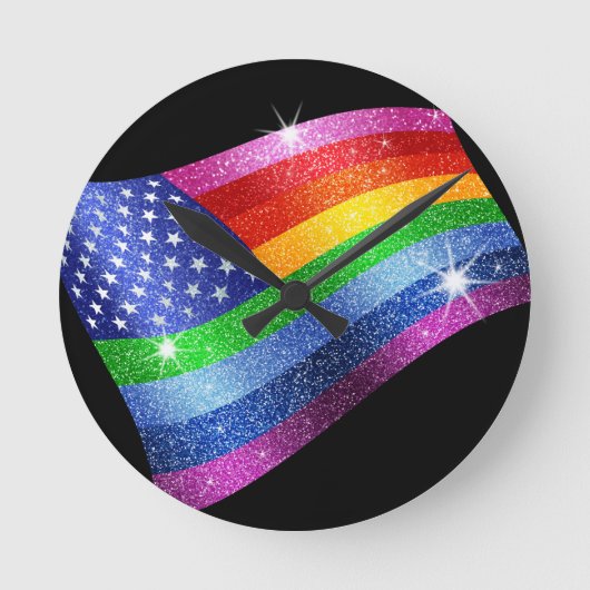 Glitzer Rainbow American Flag Clock Runde Wanduhr (Vorderseite)