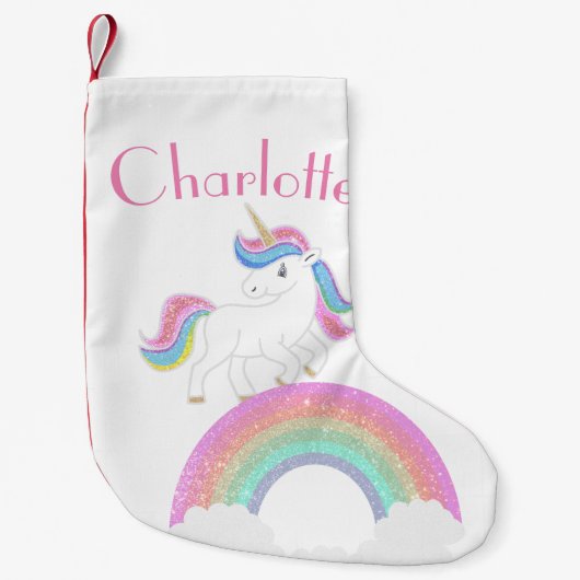 Glitzer Rainbow Einhorn mit Individuelle Name Kleiner Weihnachtsstrumpf (Vorderseite)