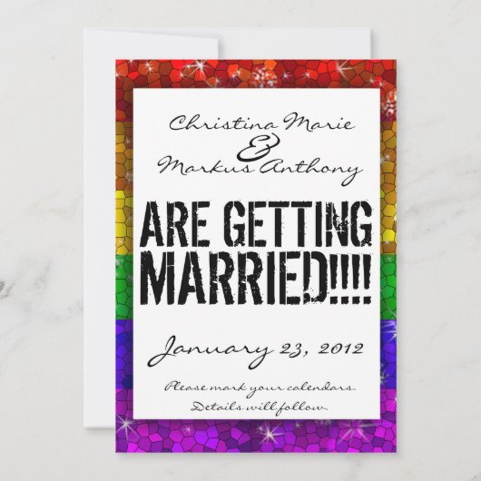 Glitzer Rainbow Flag Ehegewähr Gay Pride Save The Date (Rückseite)