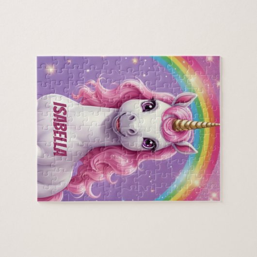 Glitzer Rainbow Niedlich Unicorn Personalisiert Puzzle (Horizontal)