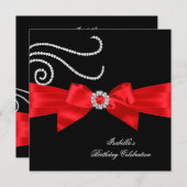 Glitzer Red Diamond Bow Black Birthday Party 4 Einladung (Vorne/Hinten)