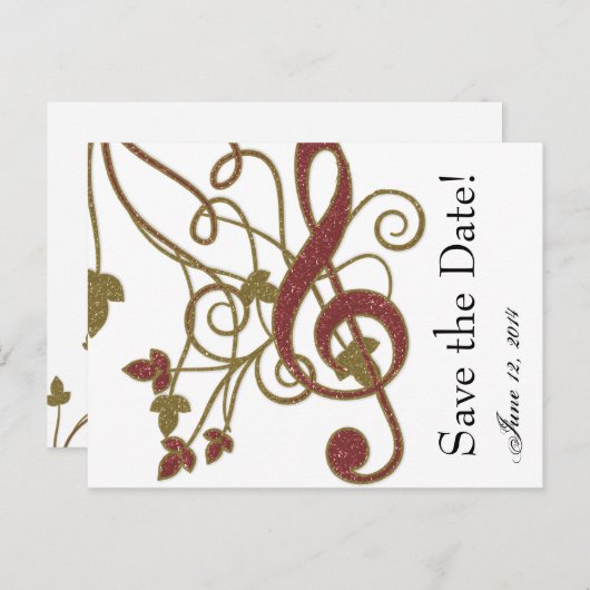 Glitzer Red Gold Music Save the Date Ankündigungspostkarte (Vorne/Hinten)