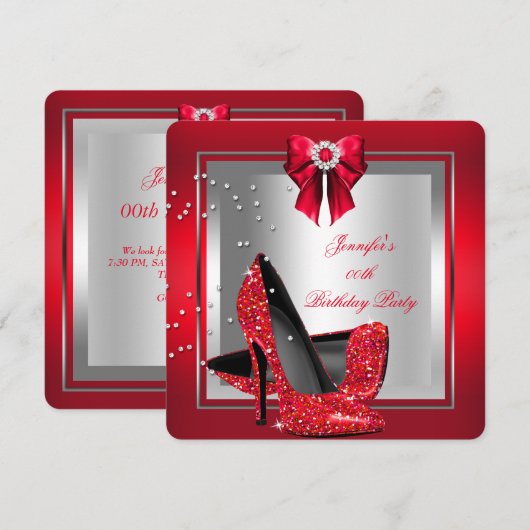 Glitzer Red High Heel Shoe Silver Geburtstagsparty Einladung (Vorne/Hinten)