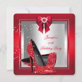 Glitzer Red High Heel Shoe Silver Geburtstagsparty Einladung (Vorderseite)