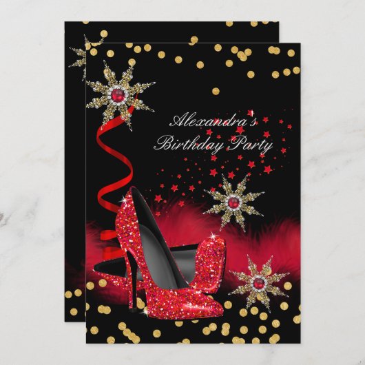 Glitzer Red High Heels Black Birthday Party Einladung (Vorne/Hinten)