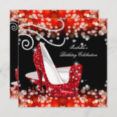 Glitzer Red High Heels Diamonds Geburtstag Einladung (Vorne/Hinten)