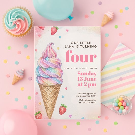 Glitzer-Regenbogen-Eiscreme-Kegel-Geburtstag Einladung