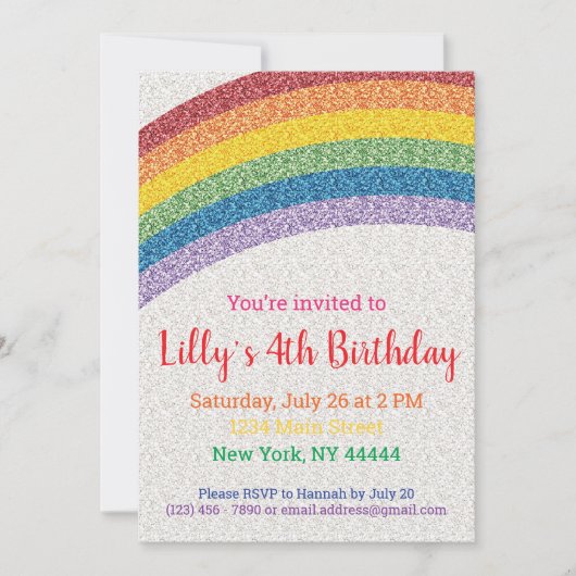 Glitzer Regenbogen Party Einladung, Regenbogen Geb Einladung (Vorderseite)