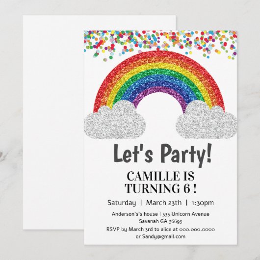 Glitzer Regenbogenmädchen Geburtstag Einladung (Vorne/Hinten)