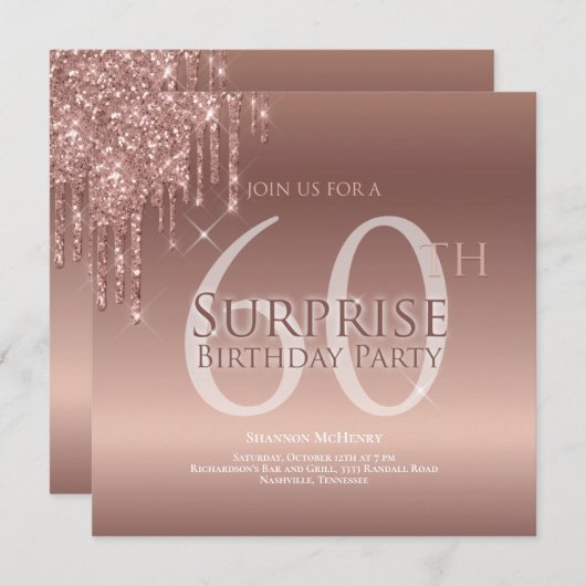 Glitzer Rosa 60. Überraschung Geburtstag Einladung (Vorne/Hinten)