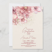 Glitzer Rosa Aquarellblumen Foto Abschluss Einladung (Vorderseite)