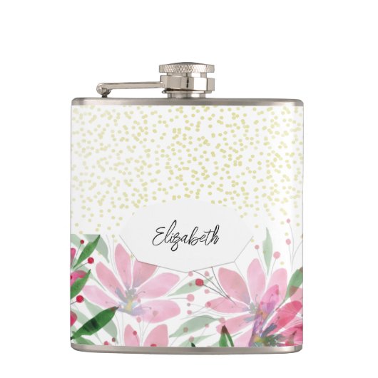 Glitzer Rosa Blume Wasserfarbe blühen Flachmann (Vorderseite)