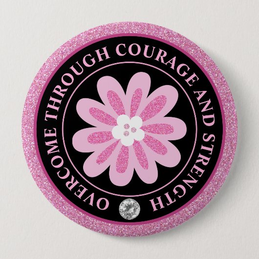 Glitzer Rosa Blumen Brustkrebs-Bewusstseins-Design Button (Vorderseite)