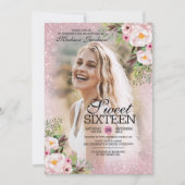 Glitzer Rosa Blumenfoto Vorlage Sweet 16 Party (Vorderseite)