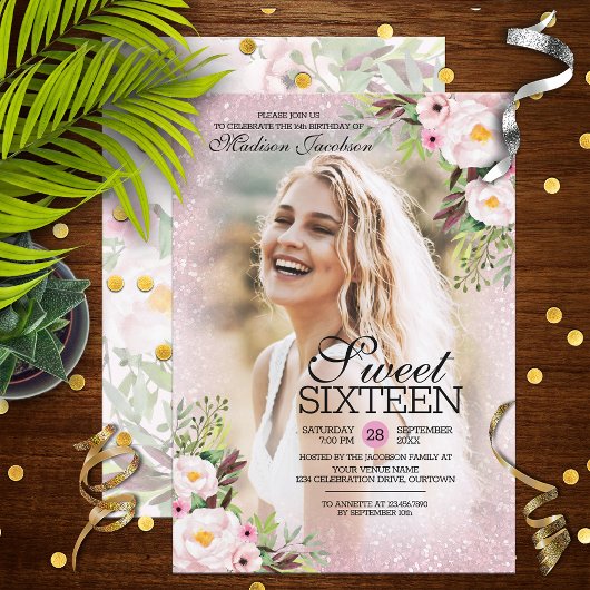 Glitzer Rosa Blumenfoto Vorlage Sweet 16 Party