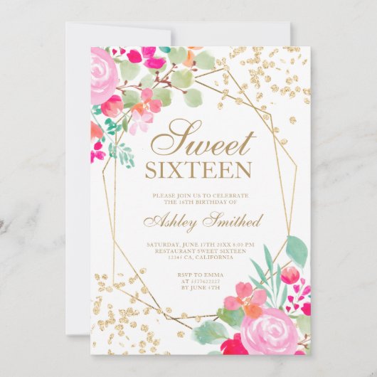 Glitzer Rosa Blütenfarbe Süß 16 Einladung (Vorderseite)