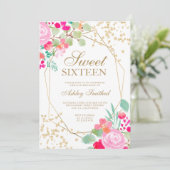 Glitzer Rosa Blütenfarbe Süß 16 Einladung (Stehend Vorderseite)