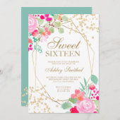 Glitzer Rosa Blütenfarbe Süß 16 Einladung (Vorne/Hinten)
