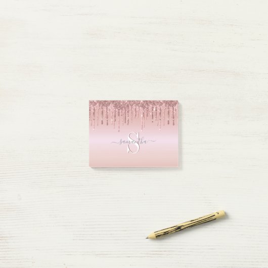 Glitzer Rosa Gold Monogramm Name Post-it Klebezettel (Auf Schreibtisch)