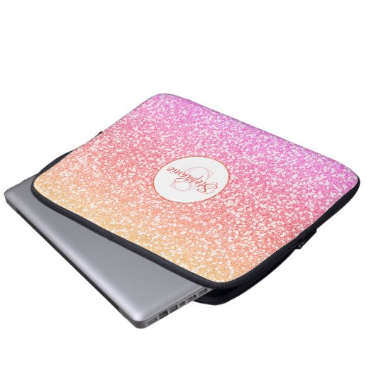 Glitzer Rosa Koralle Rose Gold Round Monogram Laptopschutzhülle (Vorne Knopf)