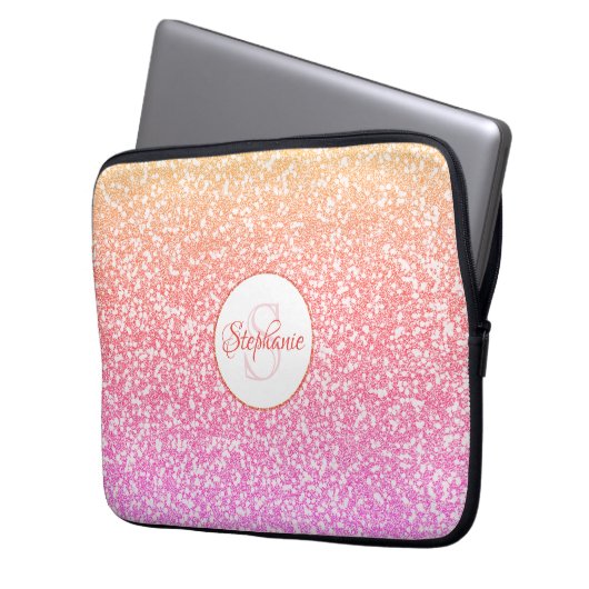 Glitzer Rosa Koralle Rose Gold Round Monogram Laptopschutzhülle (Vorderseite Links)