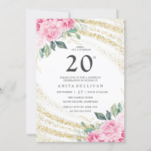 Glitzer Rosa Rose 20. Geburtstag Einladung