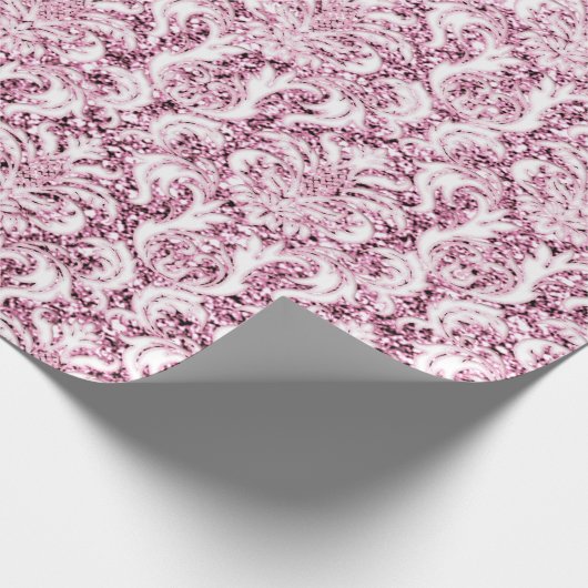Glitzer Rosa Rose Weißer Damaskus Elegant Geschenkpapier (Ecke)