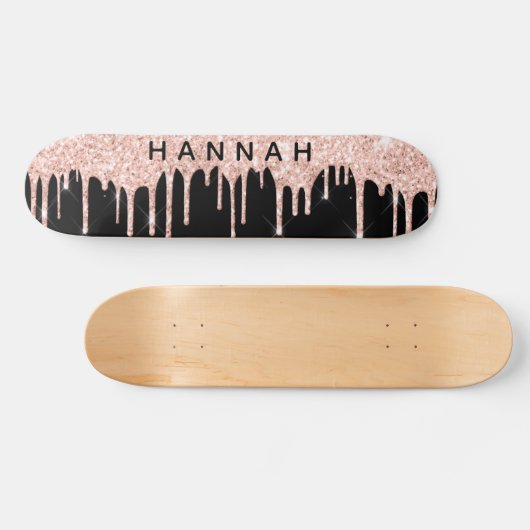 Glitzer Rosa Tropfen Personalisiert Schwarz Skateboard (Horizontal)