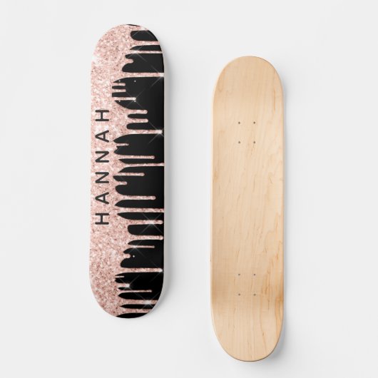 Glitzer Rosa Tropfen Personalisiert Schwarz Skateboard (Vorderseite)