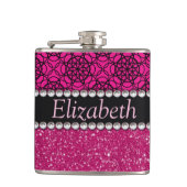 Glitzer-rosa und schwarze Muster-Kristall Flachmann (Vorderseite)