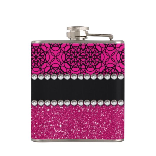 Glitzer-rosa und schwarze Muster-Kristall Flachmann (Rückseite)