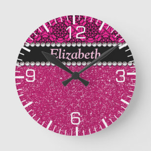 Glitzer-rosa und schwarze Muster-Kristall Runde Wanduhr