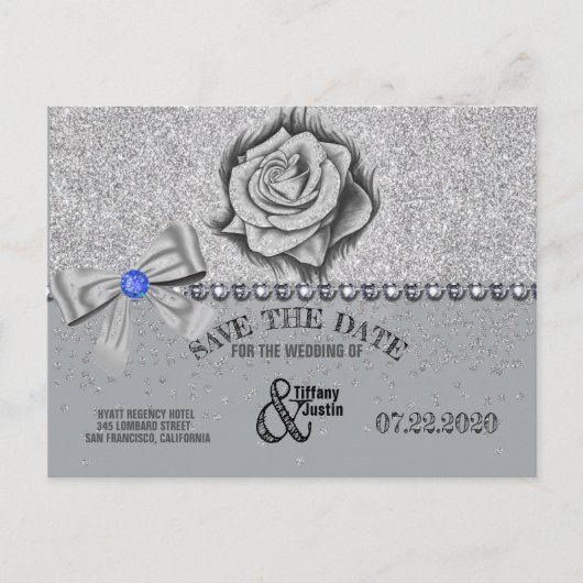 Glitzer, Rose, Diamanten und Bow Save the Date Kar Ankündigungspostkarte (Vorderseite)