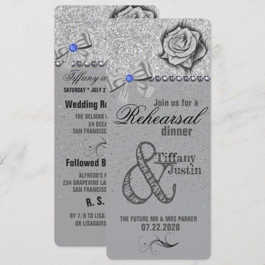 Glitzer, Rose, Diamonds & Bow Probe Dinner Einladung (Vorne/Hinten)