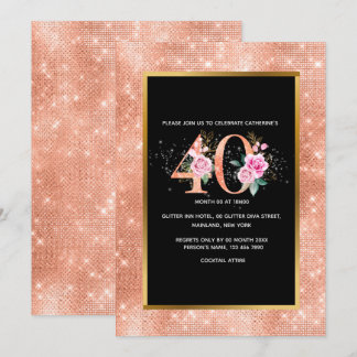 Glitzer Rose Gold 40. Geburtstag Konfetti Party Einladung