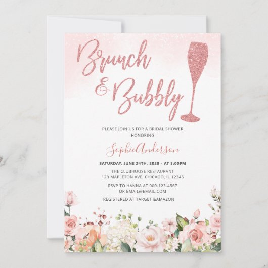Glitzer Rose Gold Brunch und Brautparty Einladung (Vorderseite)