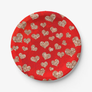 Glitzer Rose Gold Hearts Confetti Red Vivid Copper Pappteller
