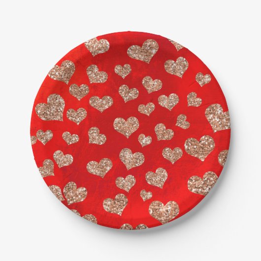 Glitzer Rose Gold Hearts Confetti Red Vivid Copper Pappteller (Vorderseite)