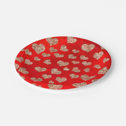 Glitzer Rose Gold Hearts Confetti Red Vivid Copper Pappteller (Schrägansicht)