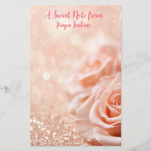 Glitzer Rose Gold Hintergrund und Rose Gold Rose Briefpapier (Vorderseite)