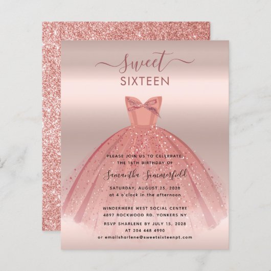 Glitzer Rose Gold Script Sweet 16 Party Einladunge (Vorne/Hinten)