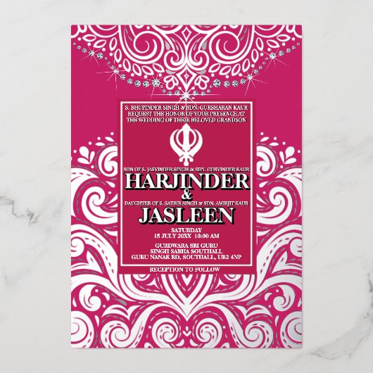 Glitzer Rose Pink Silver Sikh Anand Karaj Wedding Folieneinladung (Vorderseite)