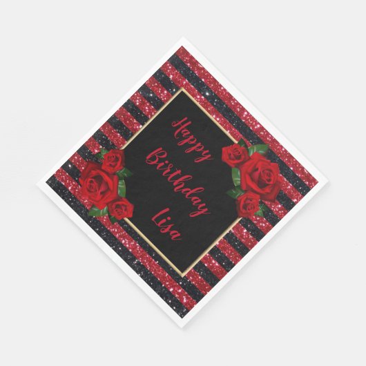 Glitzer Rote Rosen Rot und Schwarz Streifen Geburt Serviette (Ecke)