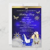 Glitzer Royal Blue Butterfly Heelse Gold Champagne Einladung (Vorderseite)