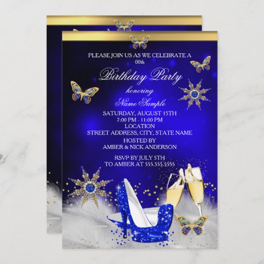 Glitzer Royal Blue Butterfly Heelse Gold Champagne Einladung (Vorne/Hinten)