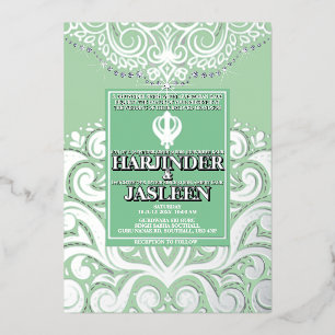 Glitzer Sage SIlver Gold Sikh Anand Karaj Wedding Folieneinladung