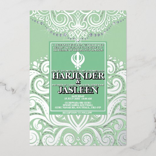 Glitzer Sage SIlver Gold Sikh Anand Karaj Wedding Folieneinladung (Vorderseite)