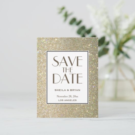 Glitzer Save the Date Postkarte (Stehend Vorderseite)